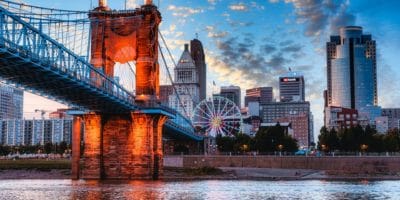 Best things to do in Cincinnati Ohio - Tyler Weaver - John A. Roebling Suspension Bridge and skyline by Jake Blucker on Unsplash