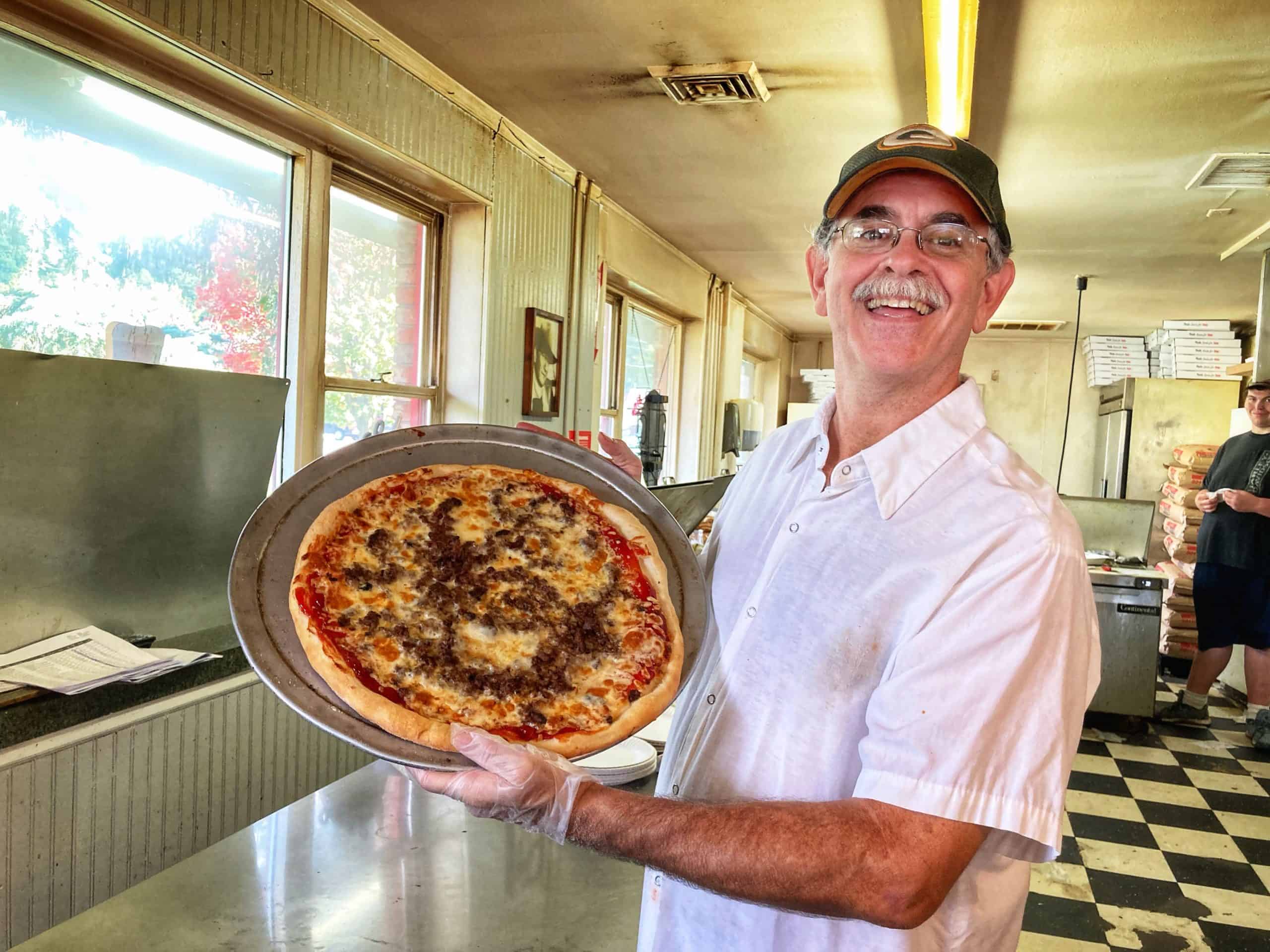 Best things to do in Syracuse New York - Linda Lowen - Famous cheeseburger pizza at Robbie T’s Pizza